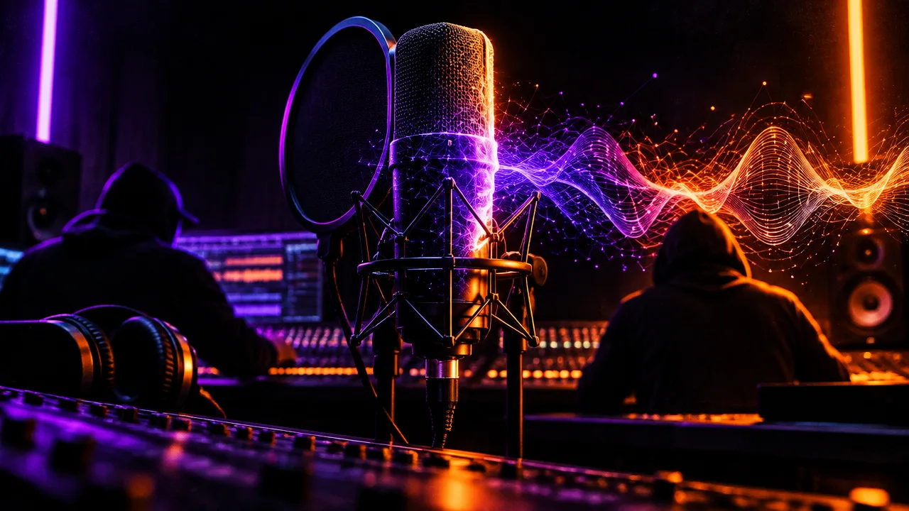 Illustration éditoriale pour Rap français : l’IA sort du gadget et entre dans toute la chaîne musicale