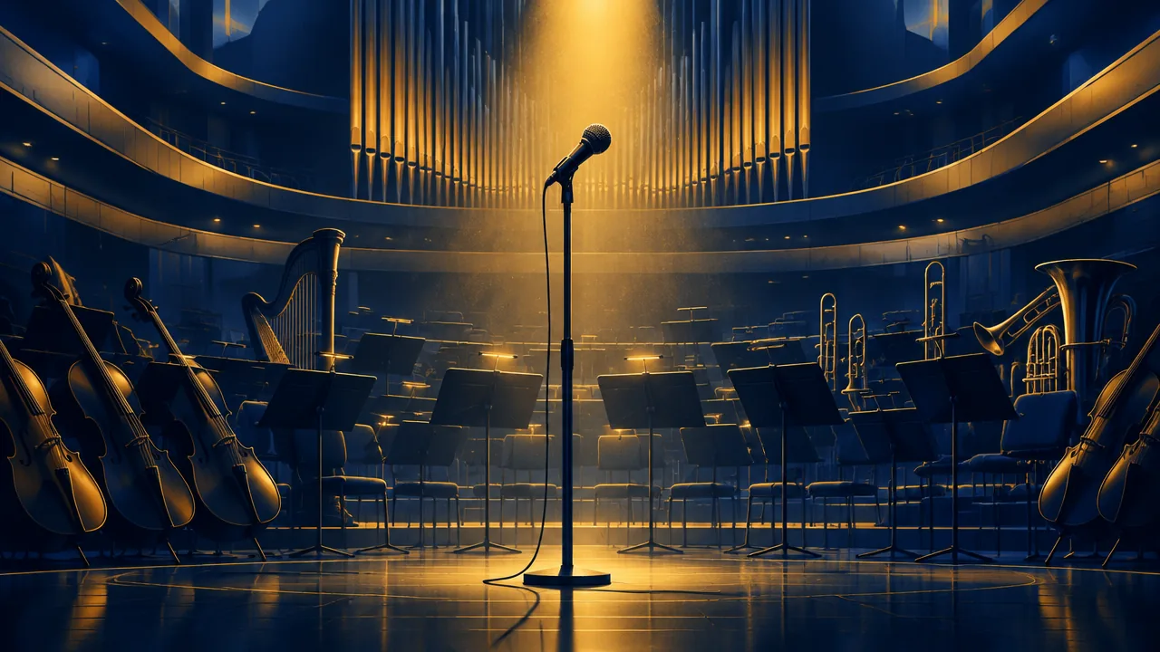 Illustration éditoriale : Tiakola monte sur la scène de la Philharmonie avec un orchestre symphonique