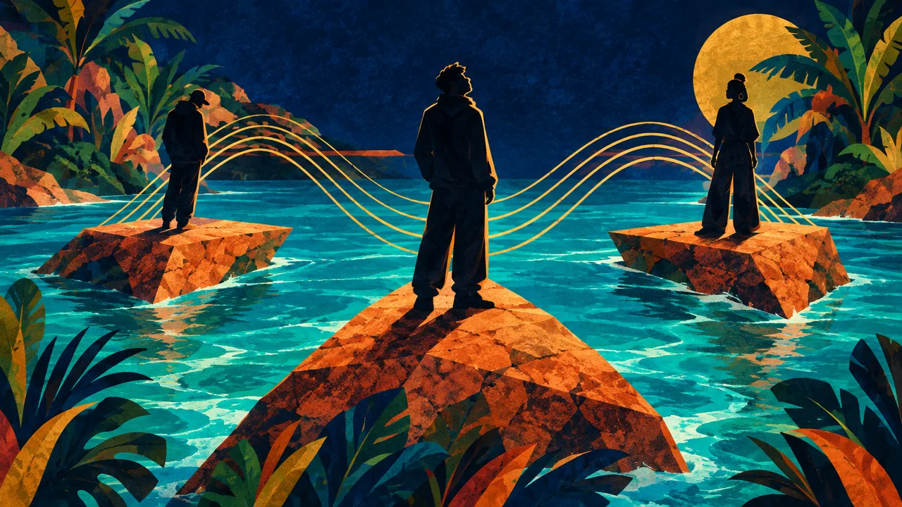 Illustration éditoriale : Triangle des Bermudes lance « Koh-Lanta », trois voix et une équipe de producteurs